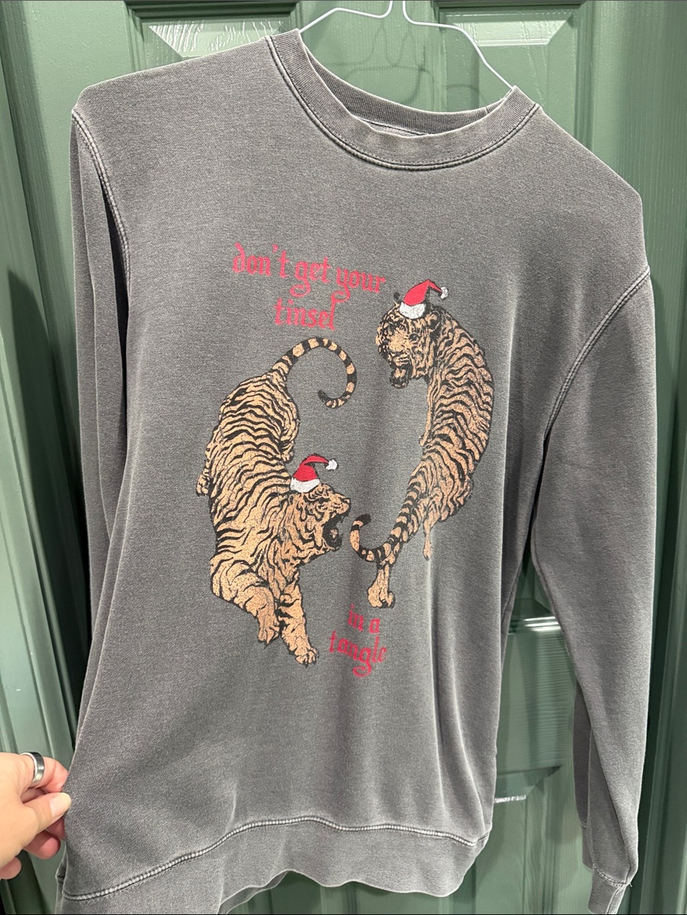Vintage-Style Gray Crewneck Sweatshirt with Holiday Tiger Graphic